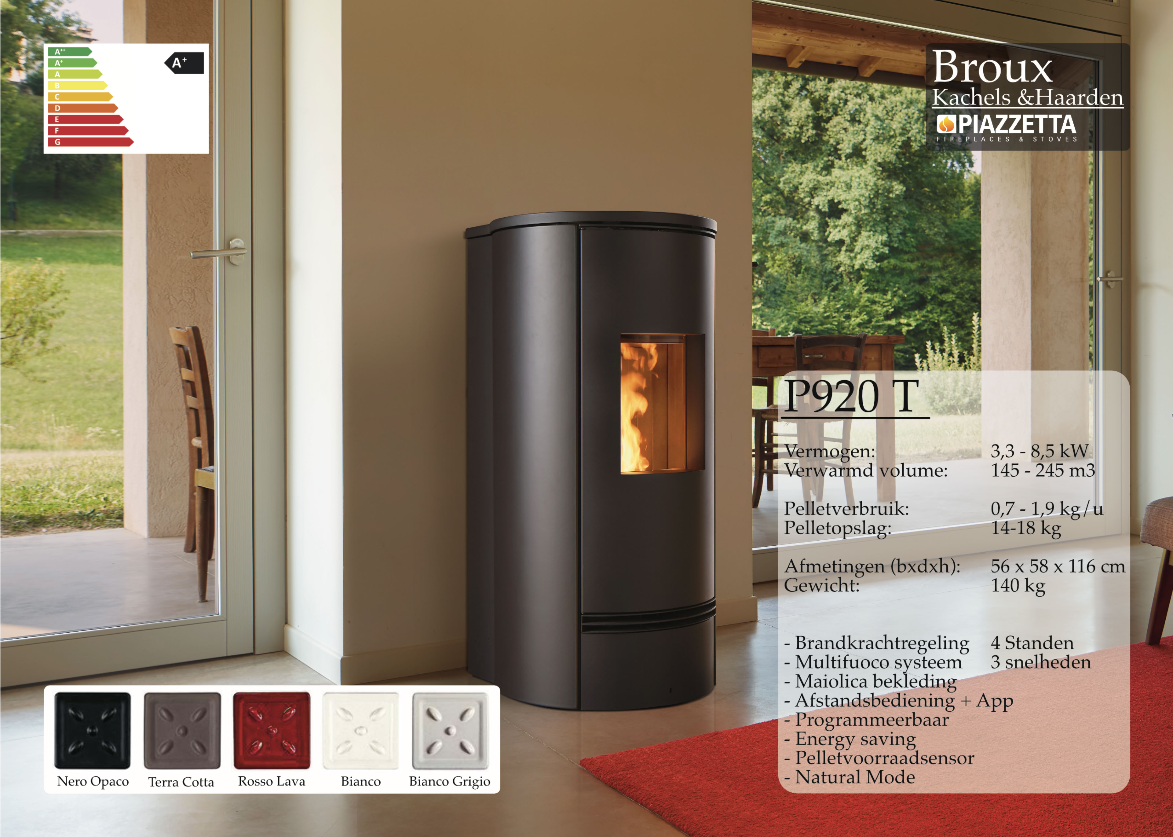 Pelletkachel Piazzetta P920T Nero Opaco