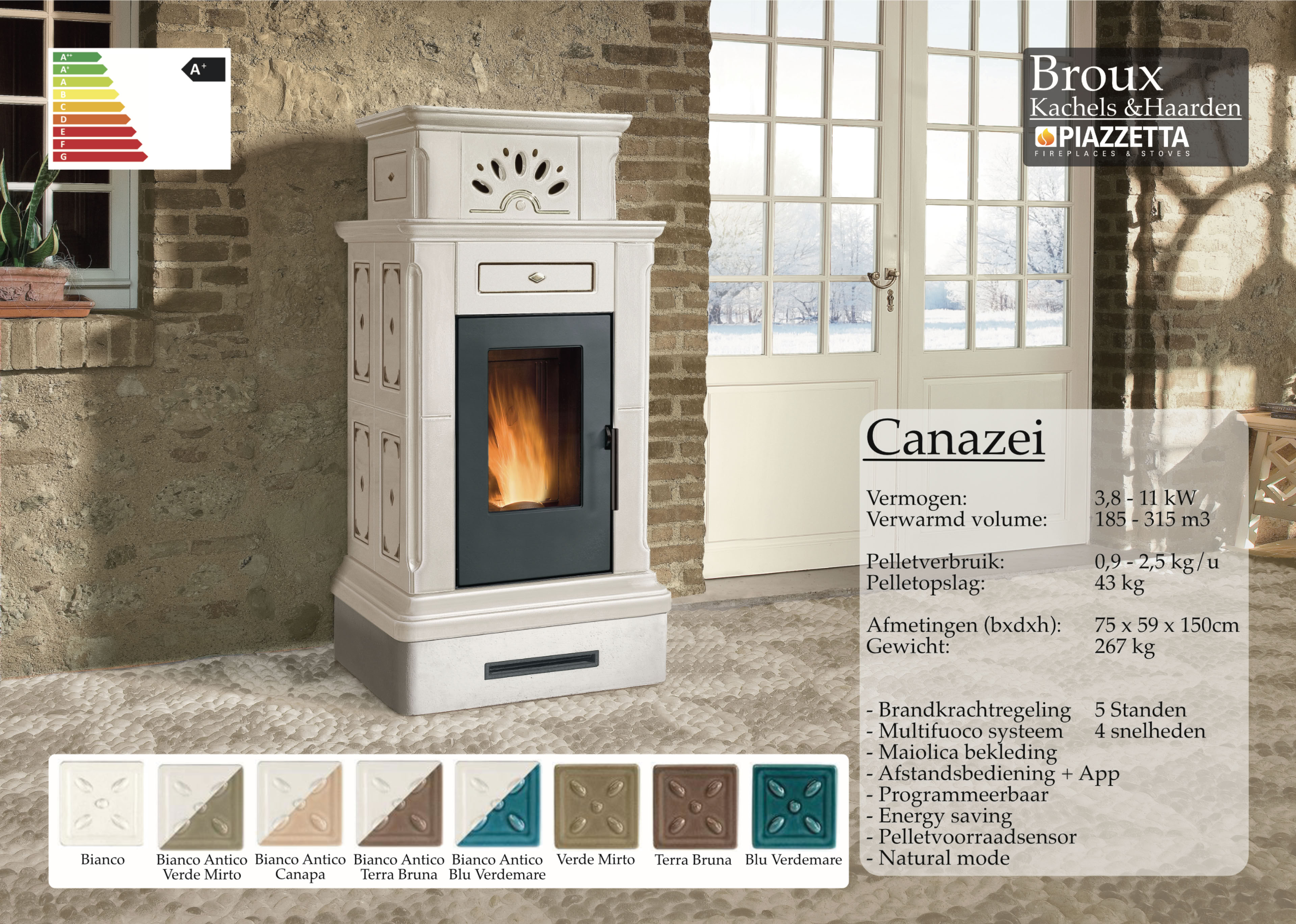 Pelletkachel Piazzetta Canazei Bianco e Decori Terra bruna