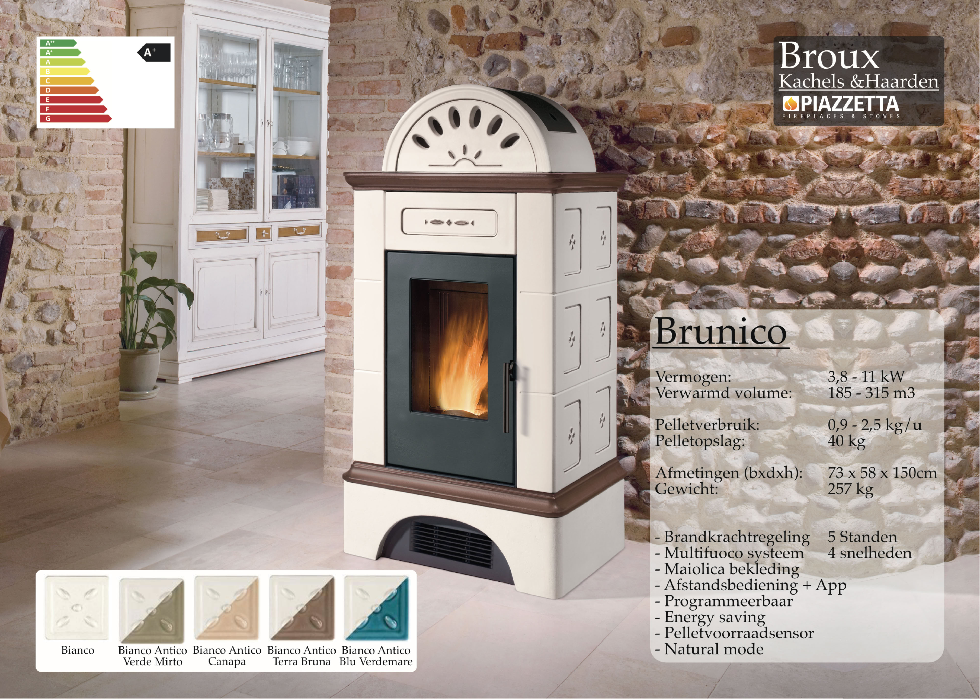 Pelletkachel Piazzetta Brunico Bianco e Decori Terra bruna